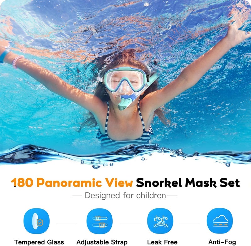 Seovediary Kids Snorkel Set, Anti-Fog Panoramic Tempered Glass Kids Snorkel mask, Anti-Leak Scuba Diving Mask with Mesh Bag, Dry Top Snorkeling Gear for Kids and Youth Age 4-16 - Image 2